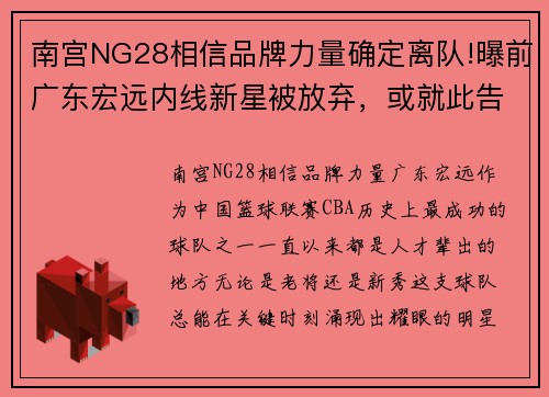 南宫NG28相信品牌力量确定离队!曝前广东宏远内线新星被放弃，或就此告别CBA - 副本